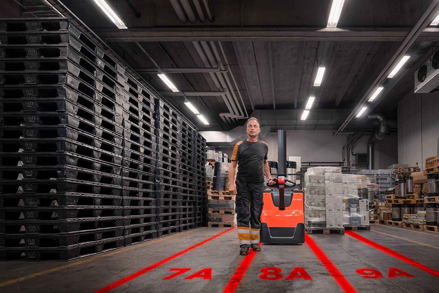 Logistics floor marking and illumination of pallet positions